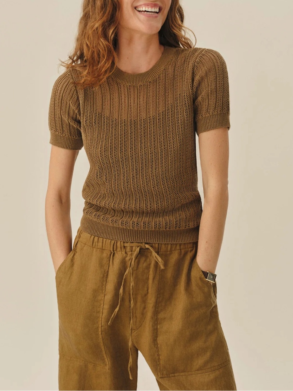 Buck Mason Coastline Crochet Tee in Hickory 🤎